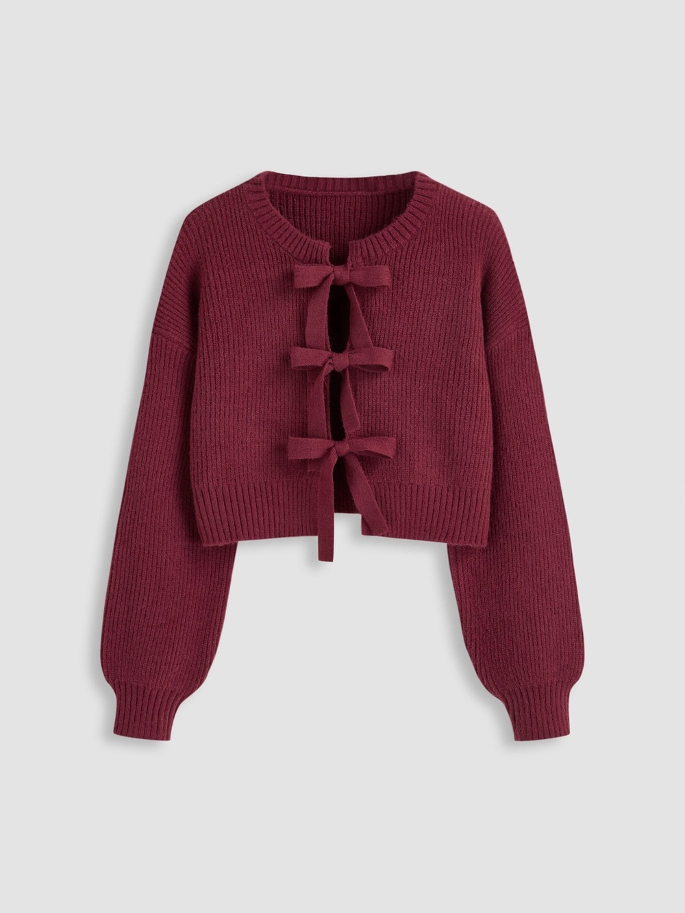 Cider Ribbed Bow-Tie Cropped Cardigan - Burgundy